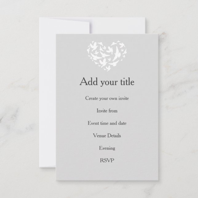 Invitation Gris romantique avec les coeurs et les oiseaux Inv (Devant)