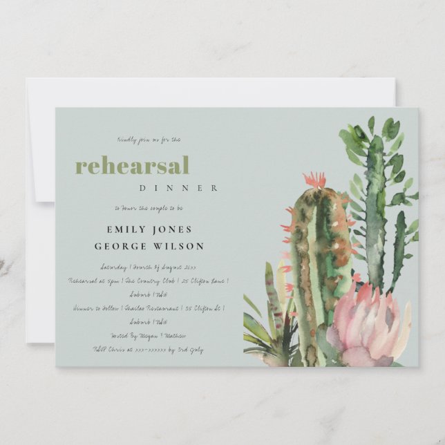 INVITATION GRIS ROSE FLORAL CACTI FOLIAGE RÉPÉTITION DÎNER (Devant)