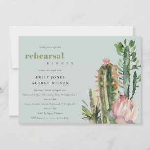 INVITATION GRIS ROSE FLORAL CACTI FOLIAGE RÉPÉTITION DÎNER