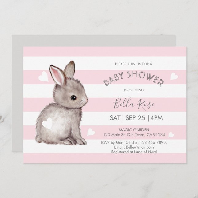 Invitation Gris rose Gris Gris Gris Lapin Baby shower Invitat (Devant / Derrière)