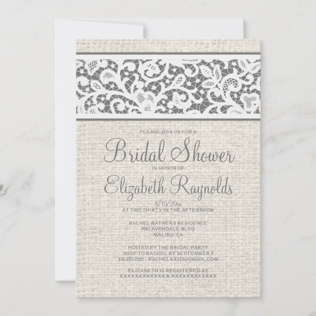 Invitation Gris Rustique Burlap Linge Douche nuptiale Invitat (Devant)