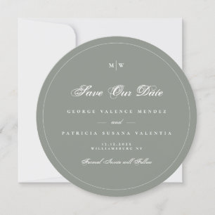 Invitation Gris Sage Blanc Élégant Rond Photo Save The Date