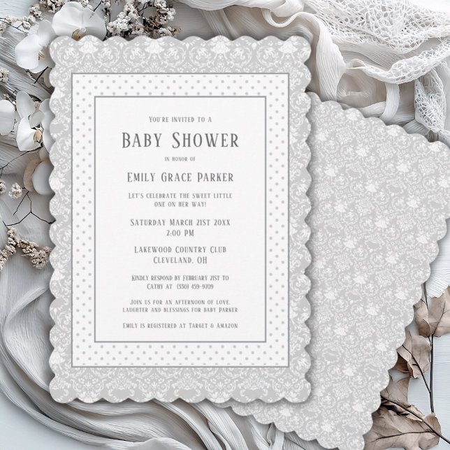 Invitation Gris Shabby Chic Vintage bébé fille douche (Créateur téléchargé)