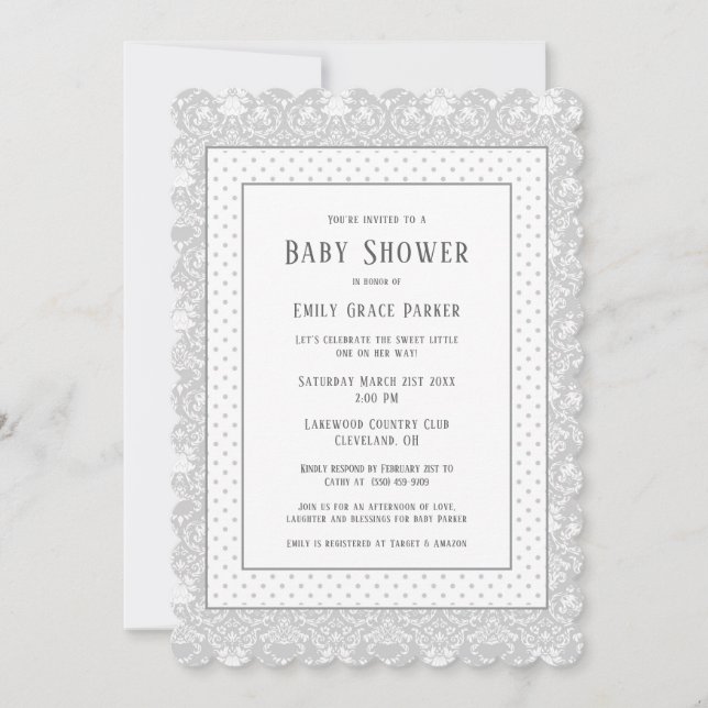 Invitation Gris Shabby Chic Vintage bébé fille douche (Devant)