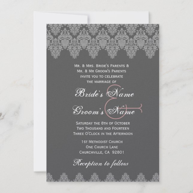 Invitation Gris Silver Mariage damassé Premium Métallique (Devant)