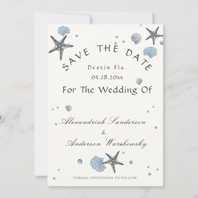 Invitation Gris Starfish Blue Beach Mariage Enregistrer La Da (Devant)