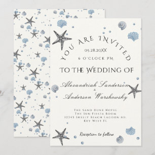 Invitation Gris Starfish Blue Shells Beach Wedding