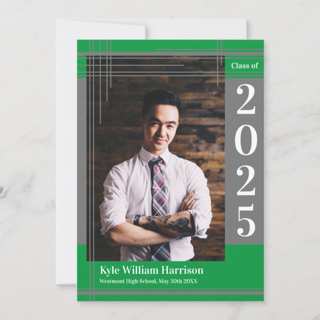 Invitation Gris Vert École Couleur Graduation Photo Plaid (Devant)