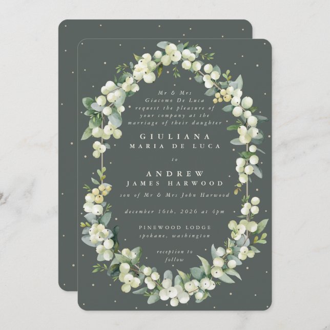 Invitation Gris vert Formel Snowberry+Eucalyptus Mariage (Devant / Derrière)