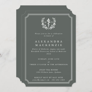 Invitation Gris-vert MD Asclepius + Laurel Wreath Graduation