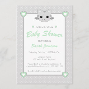 Invitation Gris Vert Neutre Cute Kawaii Baby shower de chat