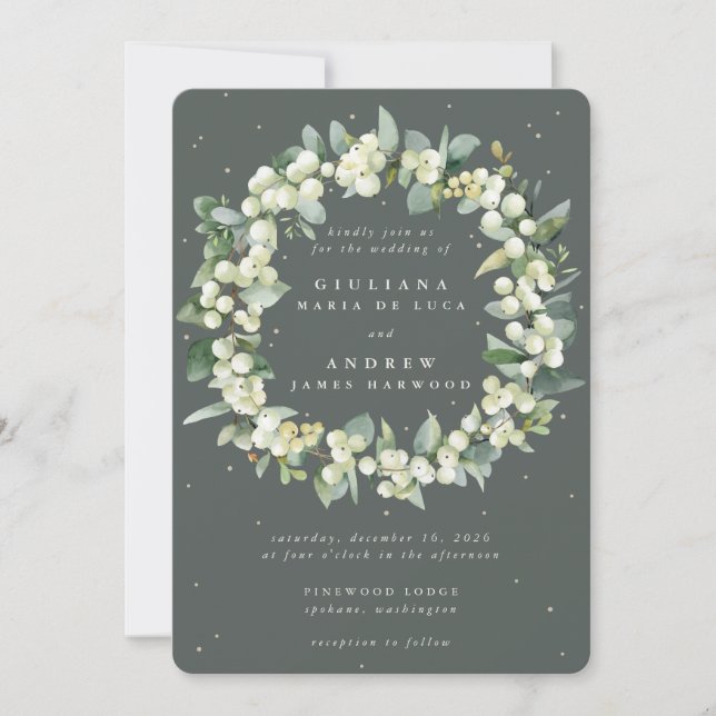 Invitation Gris vert Snowberry+Eucalyptus Mariage de couronne (Devant)