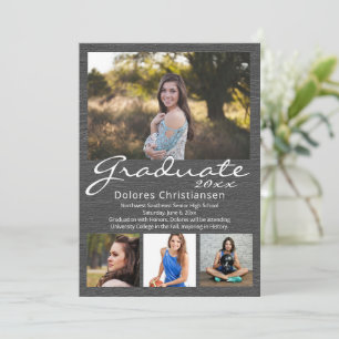 Invitation Gris Woodgrain Moderne 4 Photo Graduation