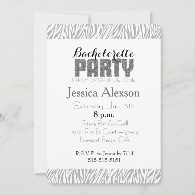 Invitation Gris Zebra Print Bachelorette (Devant)