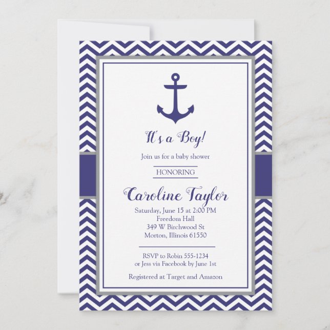 Invitation grise de baby shower de marine nautique (Devant)
