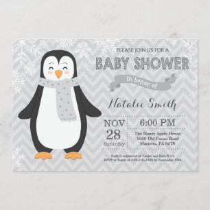 Invitation grise de baby shower de pingouin