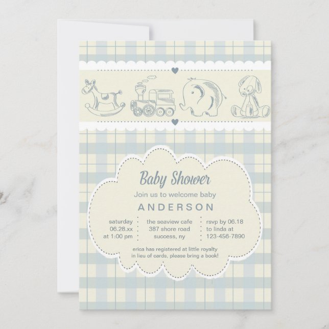 Invitation grise de baby shower de plaid (Devant)