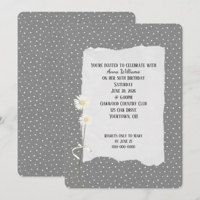 Invitation grise et à pois pour fête d'anniversair (Devant / Derrière)