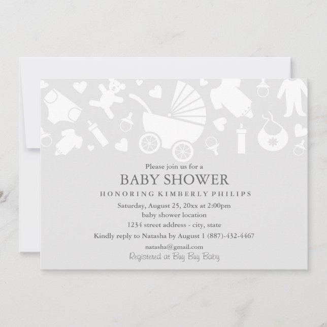 Invitation grise moderne pour baby shower (Devant)