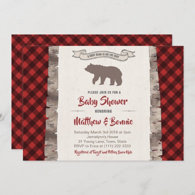Invitation Grizzly Bear Cub Hiver Plaid Baby shower (Devant / Derrière)