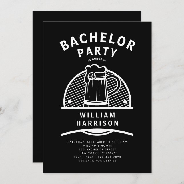 Invitation Groom Bachelor Party Black and White Brasserie Tou (Devant / Derrière)