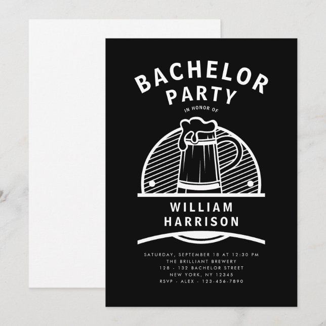Invitation Groom Bachelor Party Black and White Brasserie Tou (Devant / Derrière)