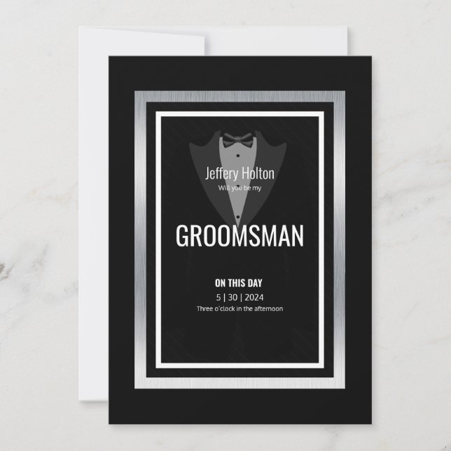 Invitation Groom en smoking tuxedo noir et blanc  (Devant)