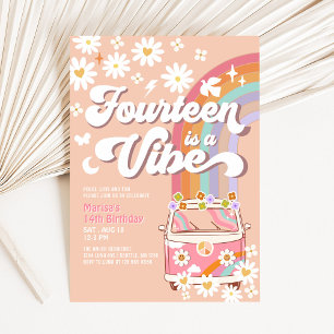 Invitation Groovy 14e Anniversaire Hippie Vibe Rose Fleur d'É