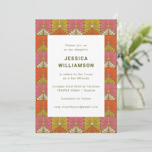 Invitation Groovy 70s Vintage Rose Jaune Floral Bat Mitzvah
