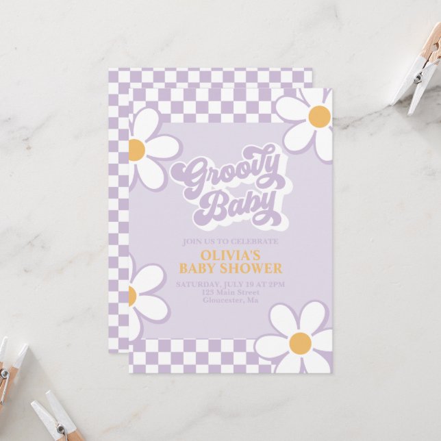 Invitation Groovy Baby Retro Check Violet Marguerite (Devant/Arrière en situation)
