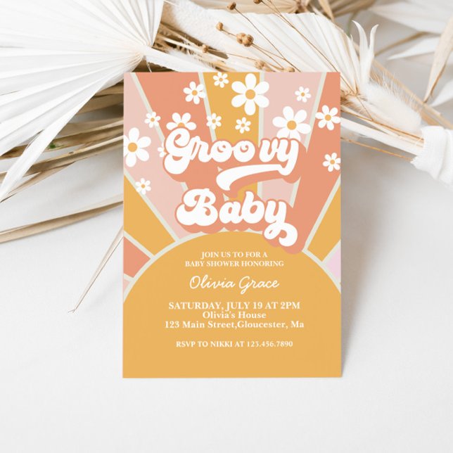 Invitation Groovy Baby Retro Sunshine Fête de Naissance de Da (Créateur téléchargé)