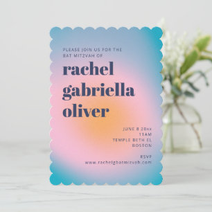 Invitation Groovy Blue Gradient Retro Photo Bat Mitzvah