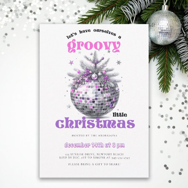 Invitation Groovy Christmas Disco Ball Pink Christmas Party (christmas party invitation corporate business disco ball groovy 70s hot pink black elegant fun)