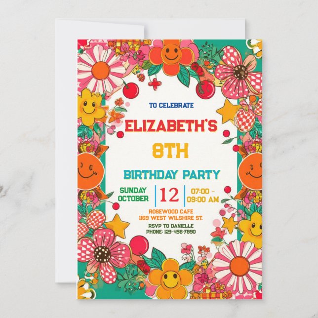 Invitation Groovy Daisy & Smiley Face Anniversaire Rétro (Devant)