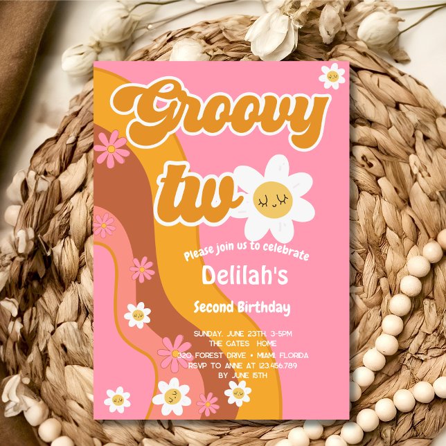Invitation Groovy deux rétro vintage deuxième anniversaire (Créateur téléchargé)