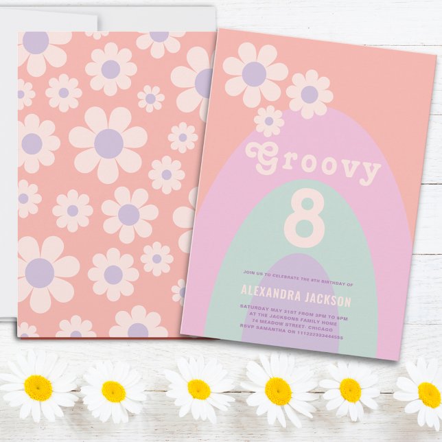 Invitation Groovy Eight Rétro Daisy Arc 8e Anniversaire (Groovy 8 retro 70s vintage pastel 8th birthday party invitation )