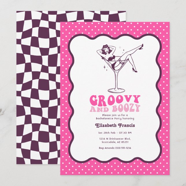 Invitation Groovy et Boozy Rétro Rose Martini Enterrement de  (Devant / Derrière)