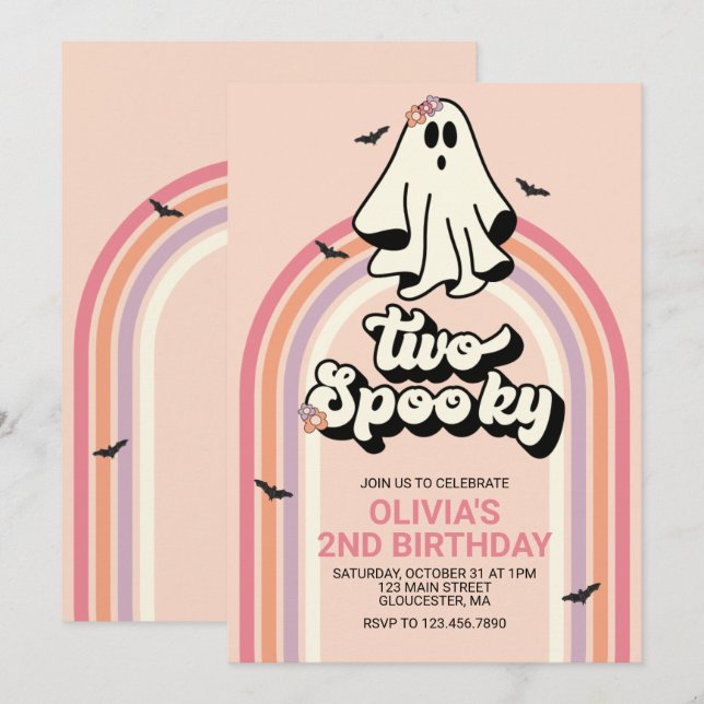 Invitation groovy Fantôme rétro Halloween Deux Drôle Annivers (Devant / Derrière)