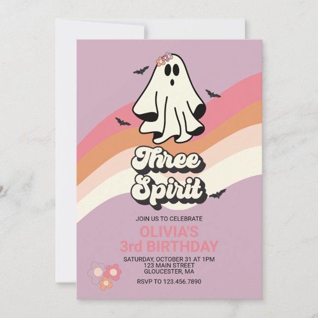 Invitation groovy Fantôme rétro Halloween Trois Esprit Annive (Devant)