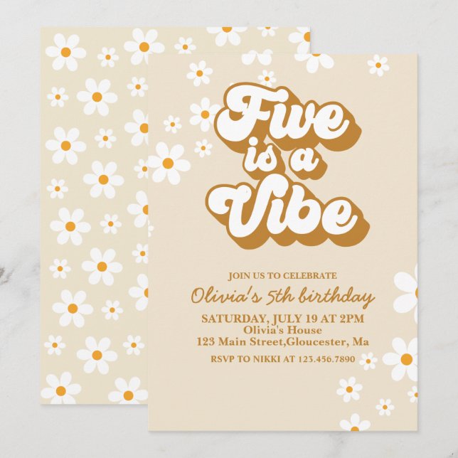 Invitation Groovy Five est une ambiance Rétro Daisy 5ème anni (Devant / Derrière)