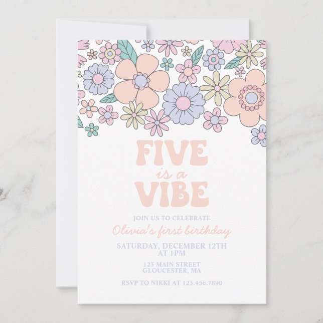Invitation Groovy Five est une fête rétro florale pour un 5e  (Devant)