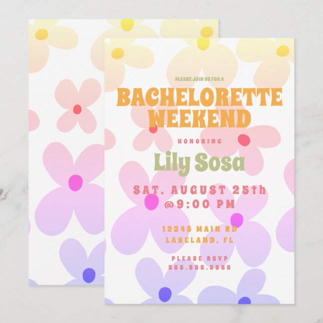 Invitation Groovy Flora  Week-end Rétro pour Célibataire  Arc (Devant / Derrière)