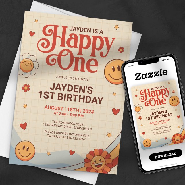 Invitation Groovy Happy One Y2k Joyeux Anniversaire Visage (Créateur téléchargé)