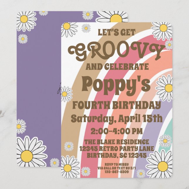 Invitation Groovy Hippy Boho Anniversaire Filles Arc-en-Ciel  (Devant / Derrière)