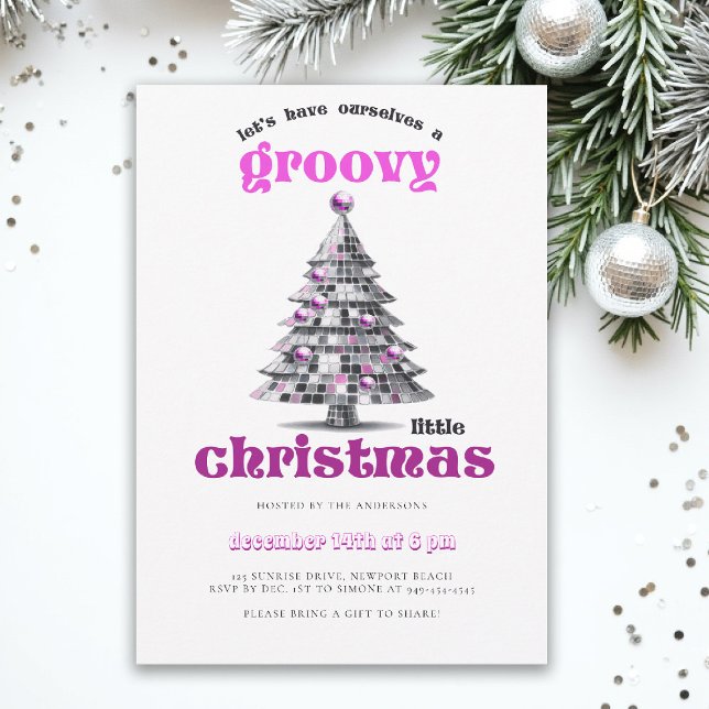 Invitation Groovy Little Christmas Disco Pink Christmas Party (christmas party invitation corporate business disco groovy 70s hot pink black elegant fun tree)
