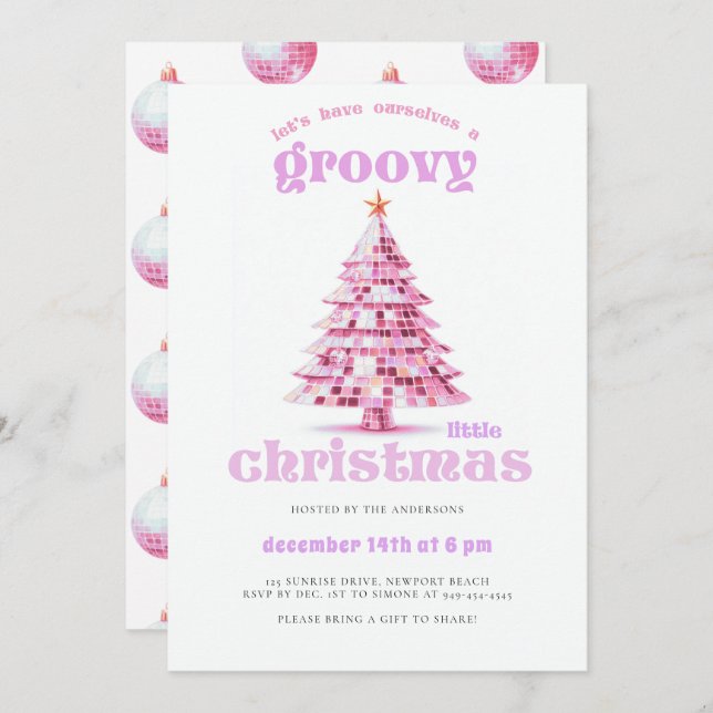 Invitation Groovy Little Christmas Disco Pink Christmas Party (Devant / Derrière)