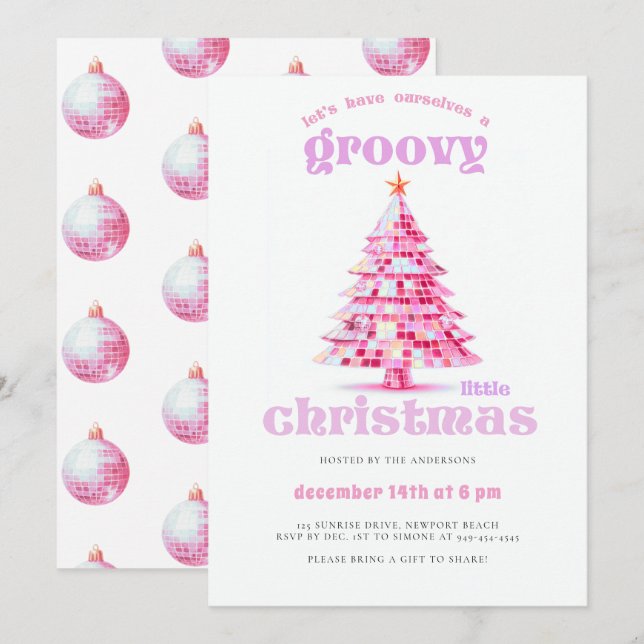 Invitation Groovy Little Christmas Pink Disco Soirée de Noël (Devant / Derrière)