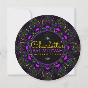 Invitation Groovy LOVE Boho Coloré Bat Mitzvah Rond