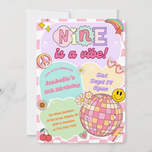 Invitation Groovy Nine est une ambiance Fille rétro 9e annive (Devant)