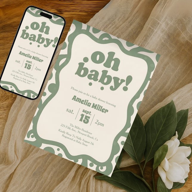 Invitation Groovy Oh Baby Shower | Retro 70s Sage Green (Créateur téléchargé)